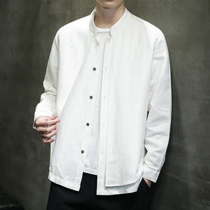 Cotton and Linen Stand Collar Shirt