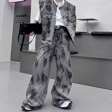 Load image into Gallery viewer, Hand-painted Shoulder Pad Denim Vest Wide-leg Pants Two-piece Suit
