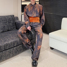 Load image into Gallery viewer, Jacquard Tie-dye Long-sleeved Shirt Wide-leg Trousers Velvet Girdle Three-piece Set
