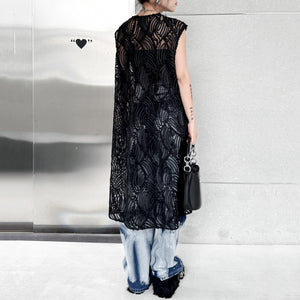 V-neck Black Jacquard Lace Vest