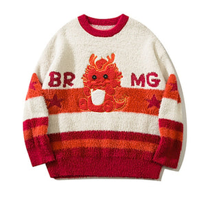 Round Neck Embroidered Dragon Loose Knitted Sweater