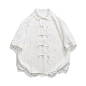 Cotton And Linen Buttoned Pleated  Shirt