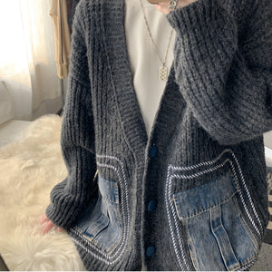 Lazy Denim Pocket Patchwork Sweater Jacket