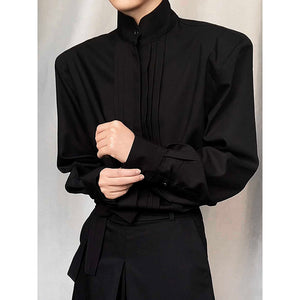 Pleated Panelled Stand Collar Shirt