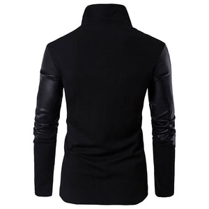 Patchwork Leather Knitted Stand Collar Slim Fit Sweater