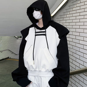 Short Black and White Stitching Shoulder Pad Hoodie