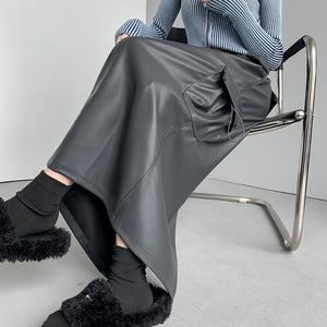 Retro Slit A-line Pu Mid-length Leather Skirt