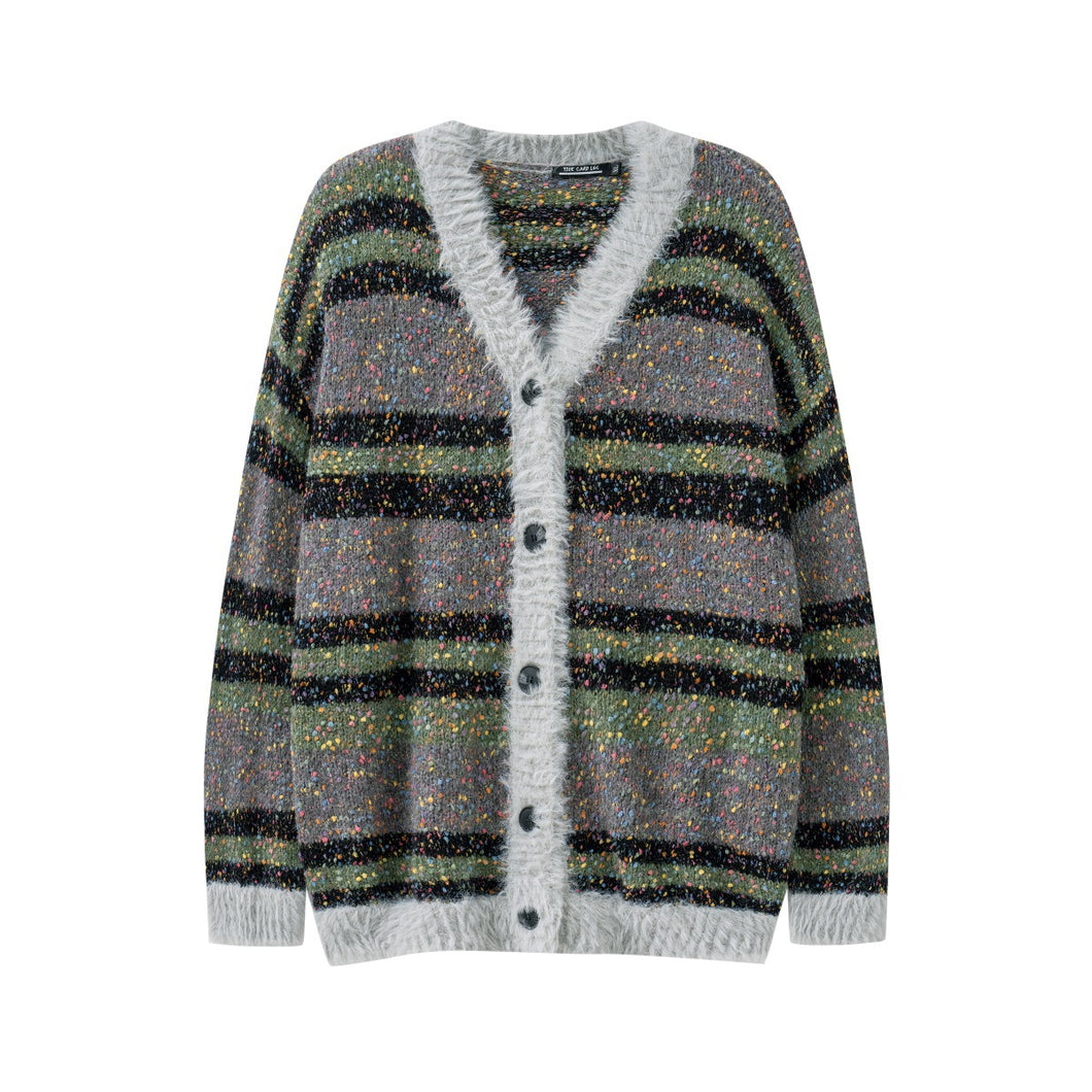 V-neck Painted Spot Contrast Stripe Oversized Cardigan