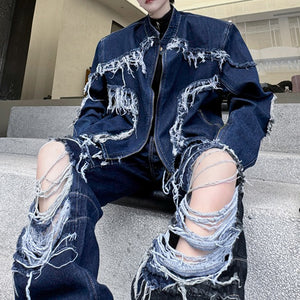 Fringed Denim Jacket and Ripped Jeans Two-piece Set