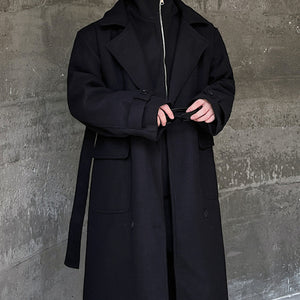 Fake Two Piece Spliced Stand Collar Woolen Long Coat