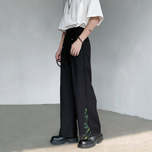 Loose Metal Buckle Bamboo Pattern Casual Wide-leg Straight Pants