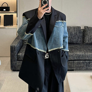 Loose Denim Fringed Patchwork Blazer