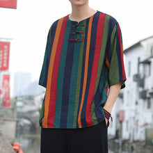 Load image into Gallery viewer, Button Colored Striped Patchwork T-shirt
