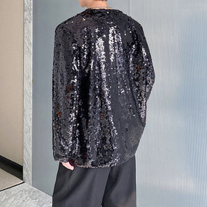 Sequined Satin Panel Deep V-neck Shirt