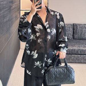 Retro Printed See Through Loose Shirt