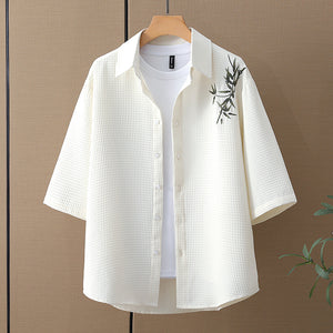 Bamboo Leaf Embroidered Casual Waffle Short Sleeve Suit