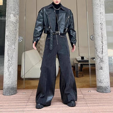 Load image into Gallery viewer, Deconstructed Washed Denim PU Leather Jacket Wide-leg Trousers Two-piece Suit
