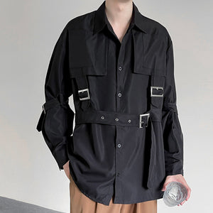 Strap Metal Buckle Button Long Sleeve Shirt