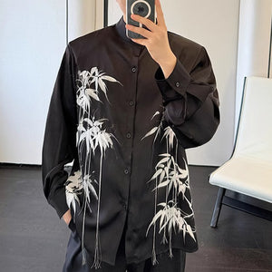 Ink Bamboo Print Tassel Embroidery Stand Collar Shirt