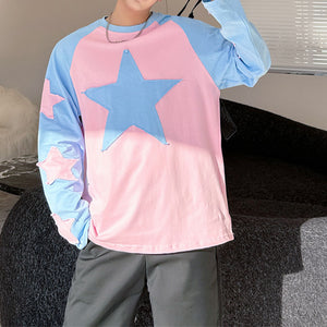 Contrast Color Round Neck Drop Sleeve Star Shirt