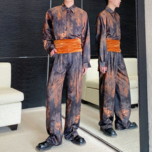 Load image into Gallery viewer, Jacquard Tie-dye Long-sleeved Shirt Wide-leg Trousers Velvet Girdle Three-piece Set
