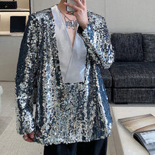 Load image into Gallery viewer, Sequined Satin Panel Deep V-neck Shirt
