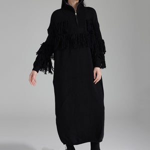 Autumn and Winter Thickened Turtleneck Fringed Knitted Dress