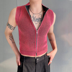 Stand Collar Zipper Short Knitted Stretch Vest