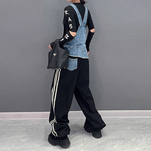 Contrast Color Patchwork Loose Denim Overalls