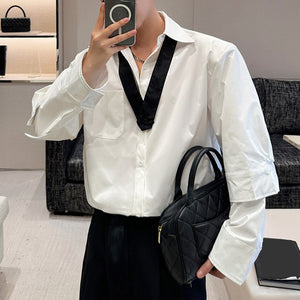 Contrast Cross Collar Shoulder Pad Shirt