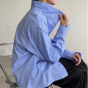 Blue Striped Turtleneck Loose Fit Shirt