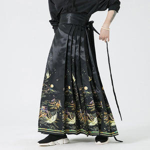 Crane Print Retro Horse-face Skirt Hanfu