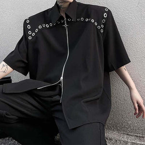 Double Zipper Shoulder Pads Short Sleeve Shirt