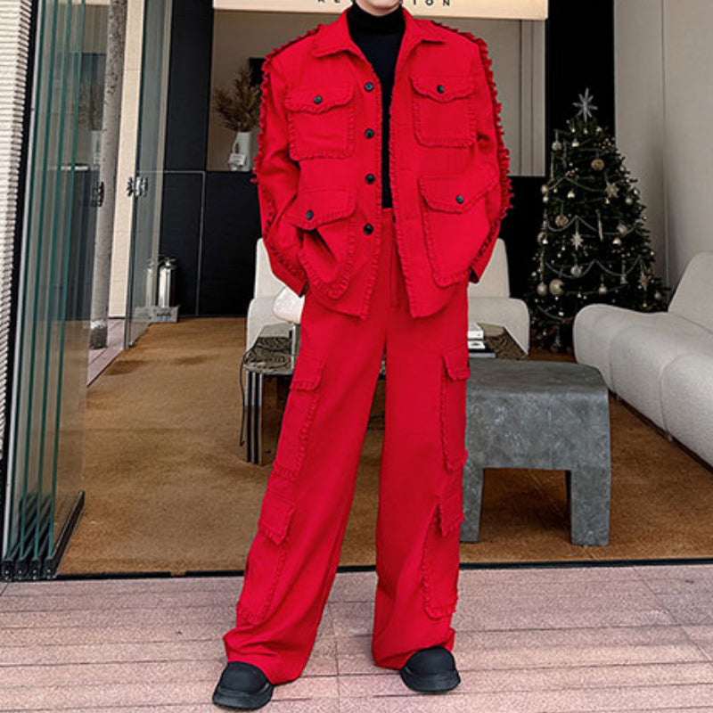 Red Suit Multi-pocket Jacket Wide-leg Trousers Two-piece Set