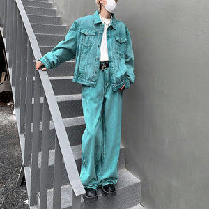 Vintage Washed Distressed Jacket Straight-leg Pants Denim Suit