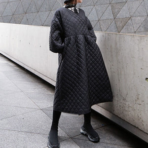 Retro Lantern Sleeve Rhombus Embossed Long Cotton Coat