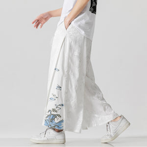 Cotton and Linen Loose Embroidered Wide-leg Pants