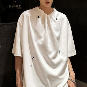 Drawstring Neckline Padded Shoulder T-shirt