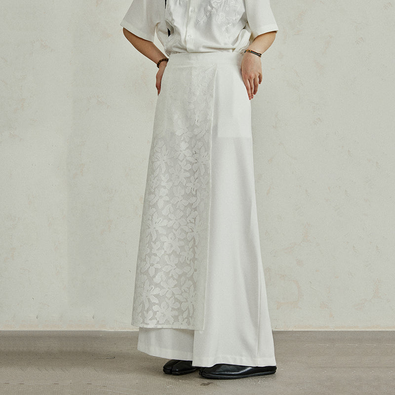 Asymmetric Lace Panel Wide-leg Pants