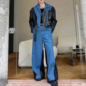 Deconstructed Washed Denim PU Leather Jacket Wide-leg Trousers Two-piece Suit