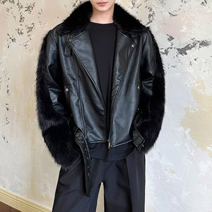 Artificial Fur Patchwork Leather Short Jacket