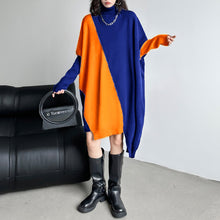 Load image into Gallery viewer, Contrast Bat Sleeves High Collar Knitted Sweater
