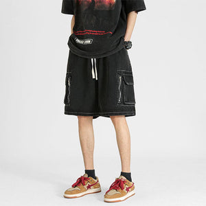 Drawstring Tote Pocket Zip Cargo Denim Shorts