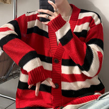 Load image into Gallery viewer, Retro Contrast Striped V-neck Drop Sleeve Sweater
