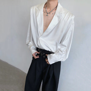 Shiny Textured Suit Collar Short Shirt