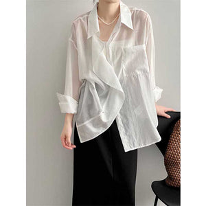 Ladies Solid Color Tencel Ruffle Trim Long Sleeve Shirt