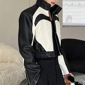 Stand Collar Contrast Color Short PU Leather Jacket