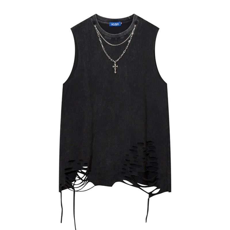 Ripped Hem Necklace Trim Sleeveless Tank Top