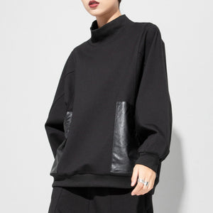 Paneled PU Leather Dolman Sleeve Pocket T-Shirt