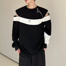 Load image into Gallery viewer, Round Neck Zip-up Off-shoulder Black And White Sweatshirt
